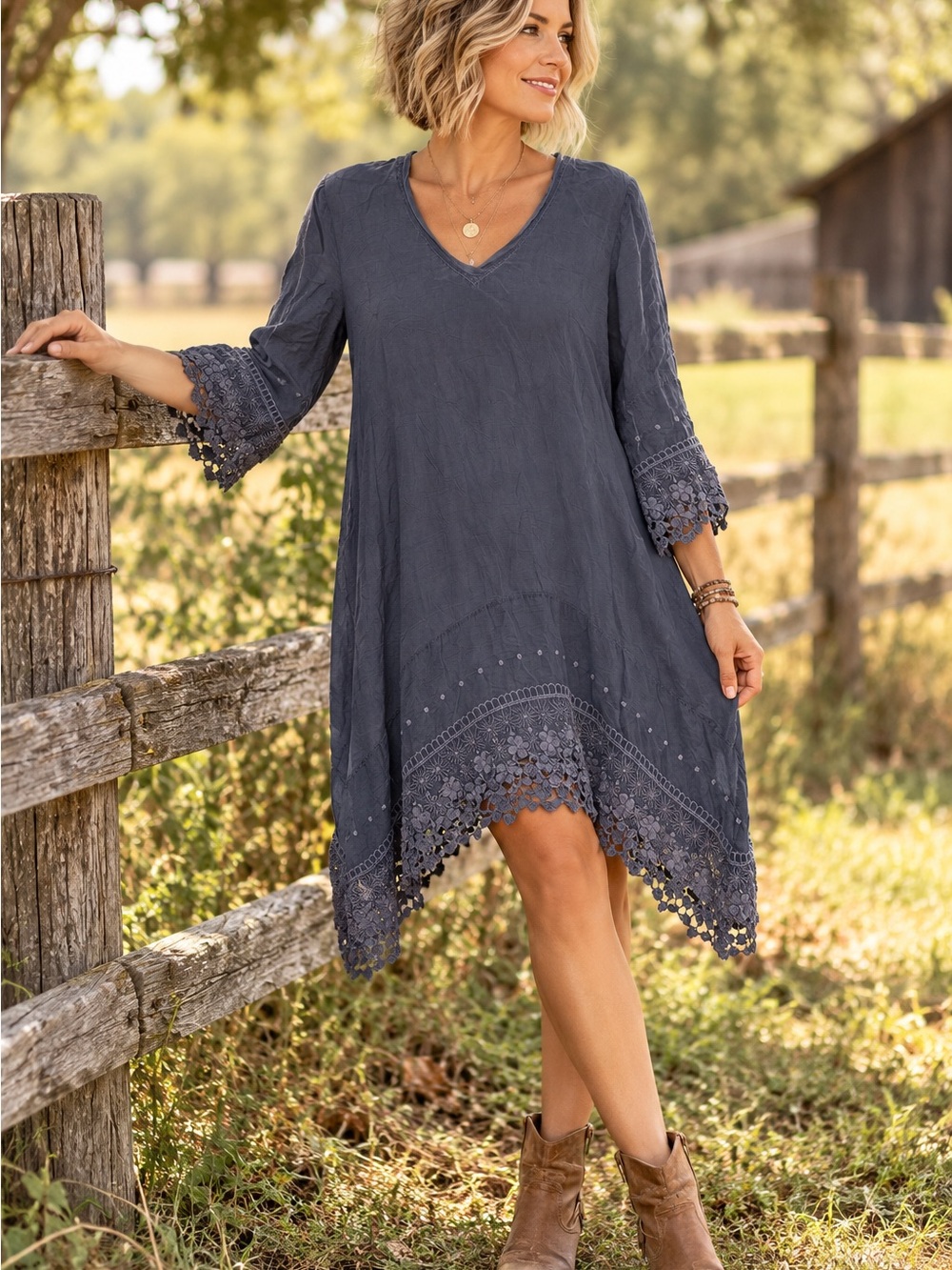 Johnny Was Slate Blue V-Neck High-Low Crochet Hem Dress
